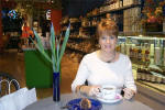Pam at a cafe